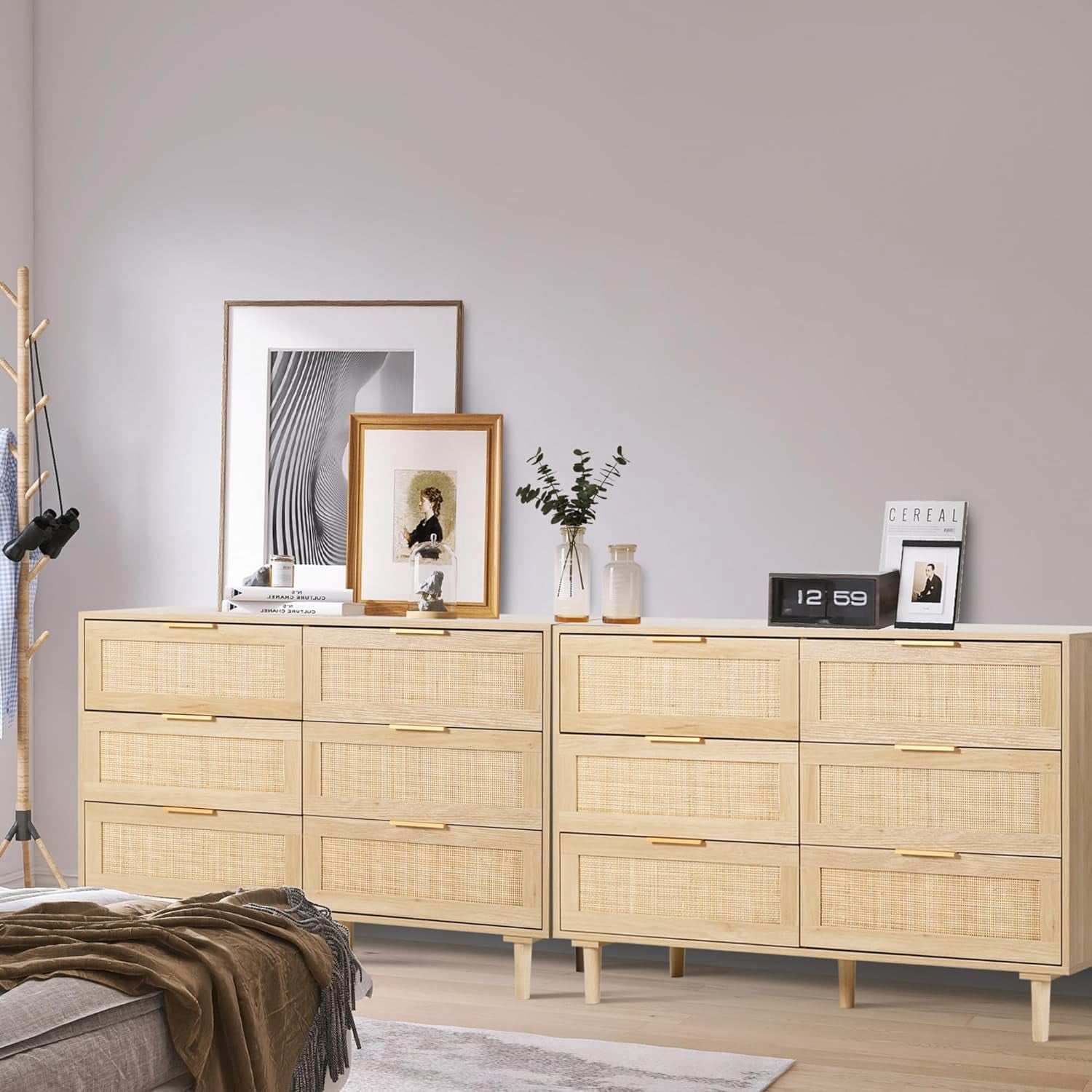 LAZZO 6-Drawer Rattan Dresser, Modern Chest of Drawers, Wooden Storage Organizer for Bedroom, Living Room & Hallway, Natural Wood Color