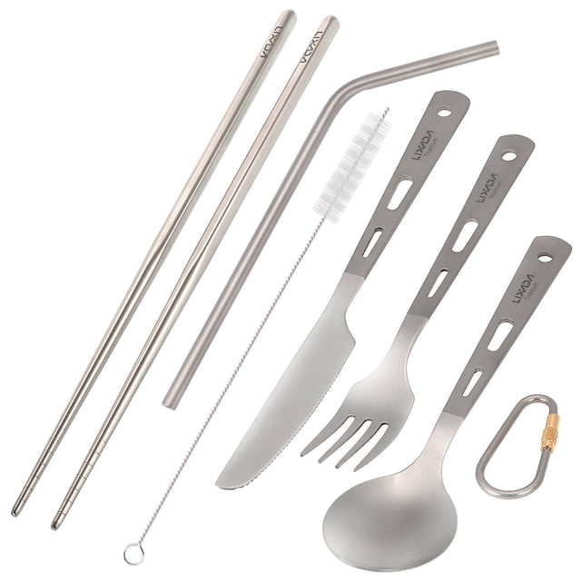 Vajilla 5 piezas de vajilla de titanio para acampar, tenedor, cuchara, cortador, palillos, pajita pa Lixada Vajilla