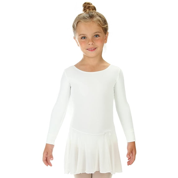 Elowel Girls Leotard Toddlers Long Sleeve Skirted Dress for Gymnastics Dance Ballet White Size 12-14