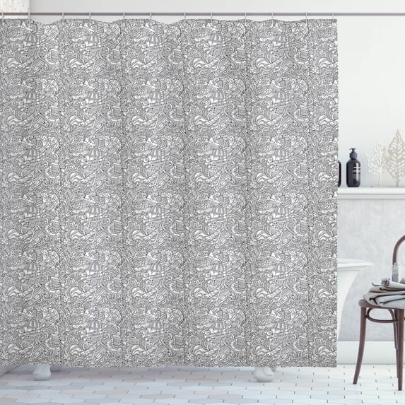 Ski Pattern Shower Curtain, Monochrome Art Outline Jumble Doodle of Winter Cold Season Items, Fabric Bathroom Set with Hooks, 69W X 75L Inches Long, Charcoal Grey and White, by Ambesonne