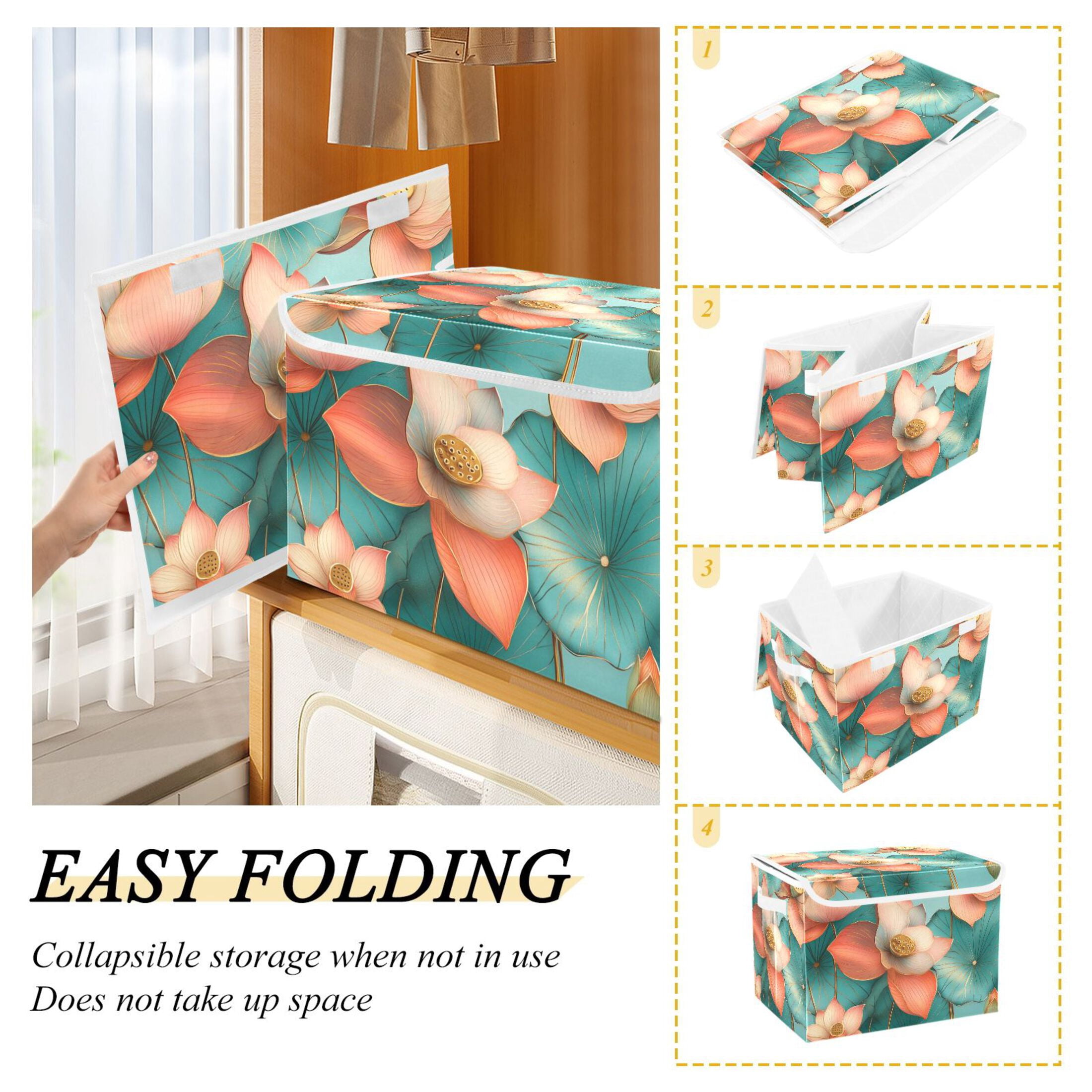 Pink Lotus Picture Large Storage Bins with Linen Collapsible Lid Storage Box 16.7 x 12.6 x 11.8in