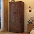 thumbnail image 2 of Blotout 2 Door Farmhouse Armoire Wardrobe Closet With 2 Drawers, 70" Tall Wooden Wardrobe Cabinet with Hanging Rod and Adjustable Shelves for Bedroom, Brown, 2 of 8