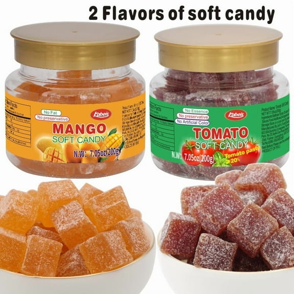 Mango&Tomato Flavors 2 Bottles Soft Chewy Gummy Candy, Fruity Snacks Candy Jelly Resealable 7.05oz Per Bottle，Perfect Treat for Halloween Parties,Christmas Candy,Sprinkles,Gift Bags