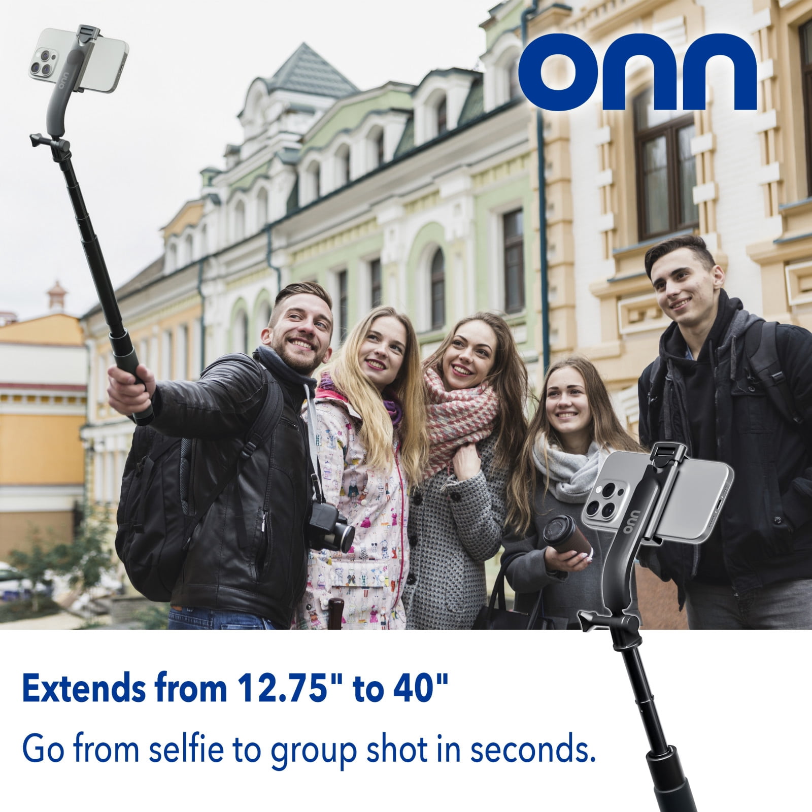 Onn Bluetooth Selfie Stick – Extendable to 40 in, 360° Rotating & Tilting Clamp with Built-In Rechargeable Shutter and Universal Camera Mount