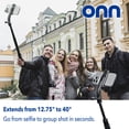 thumbnail image 4 of onn Bluetooth Selfie Stick, Extendable 12.75 in to 40 in, 360° Rotating & Tilting Clamp, Built-In Rechargeable Shutter, Universal Camera Mount, 4 of 11