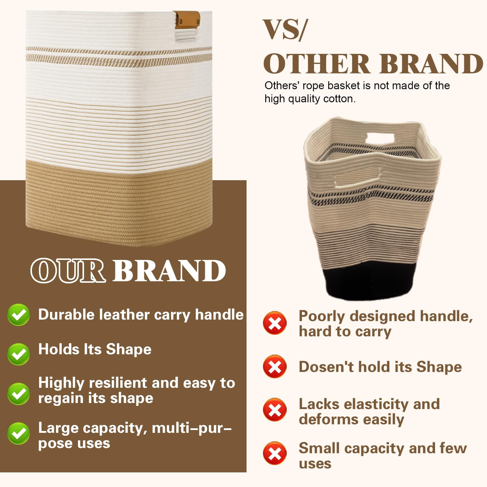 85L Large Foldable Laundry Hamper Basket with Leather Handles - Breathable Cotton Collapsible Storage Bin for Bedroom, Living Room, Dorm