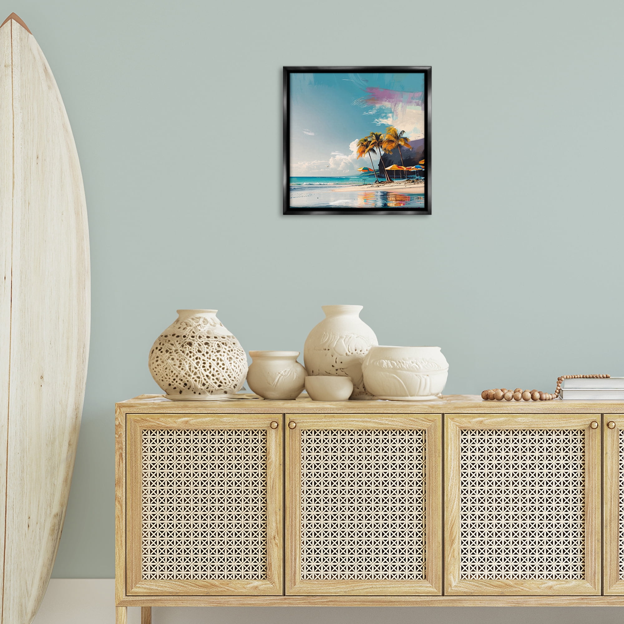Stupell Industries Contemporary Shoreline Bliss Nautical & Beach Painting Black Floater Framed Canvas Art Print Wall Art, 18 x 18
