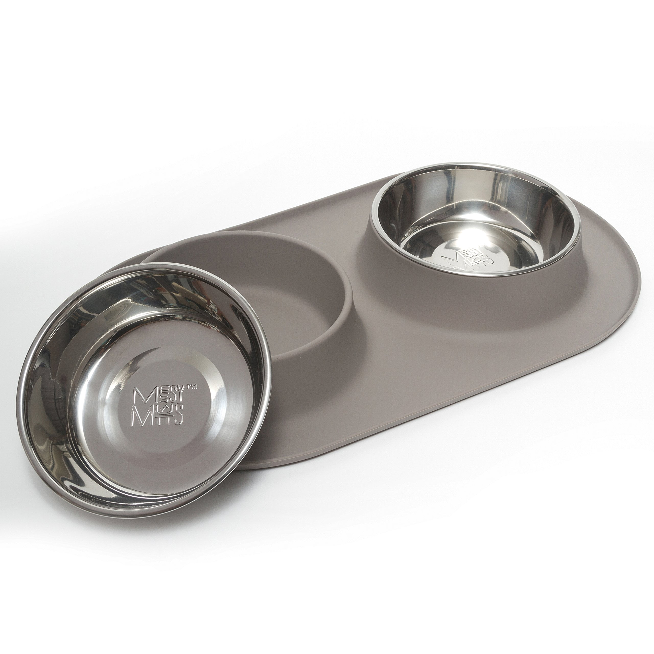 Messy Mutts Double Silicone Feeder with Stainless Bowls | Non-Skid Food Dishes for Dogs | Sizes Available for All Pets | Dog Food Bowls | Large, 3 Cups Per Bowl | Grey