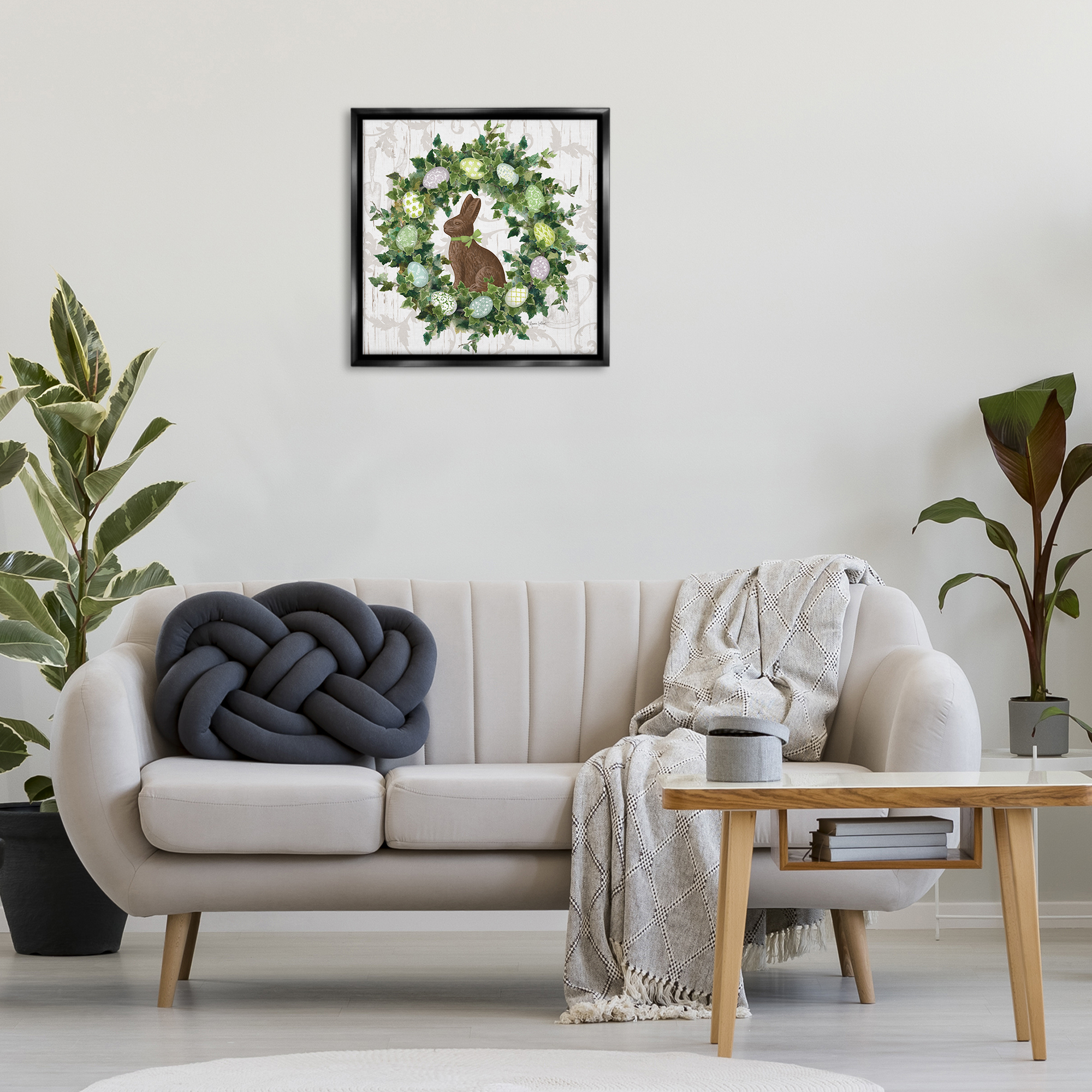 Stupell Industries Spring Easter Egg Wreath Botanical & Floral Painting Black Floater Framed Canvas Art Print Wall Art, 25 x 25