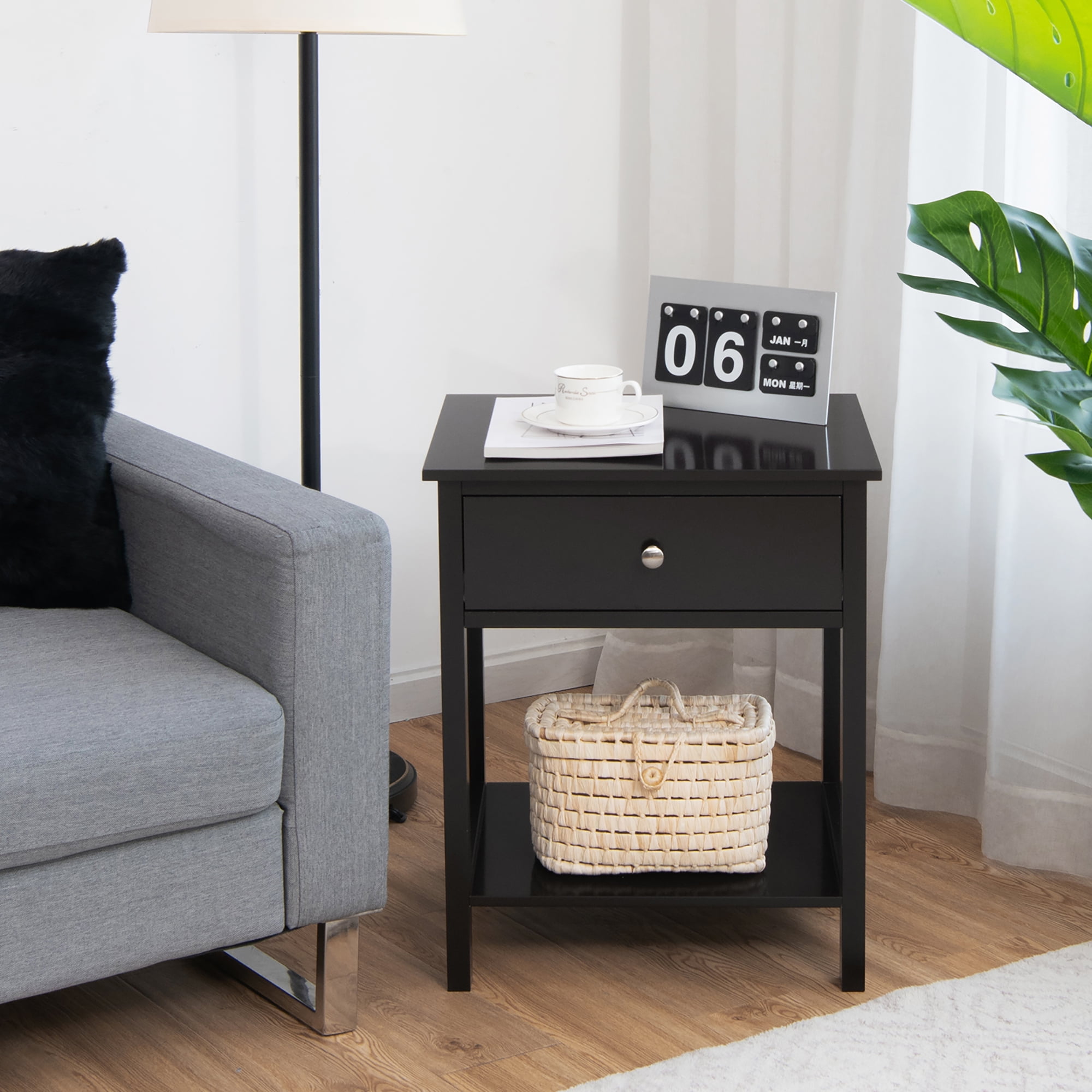 Costway Nightstand with Drawer Storage Shelf Wooden Bedside Sofa Side Table Black