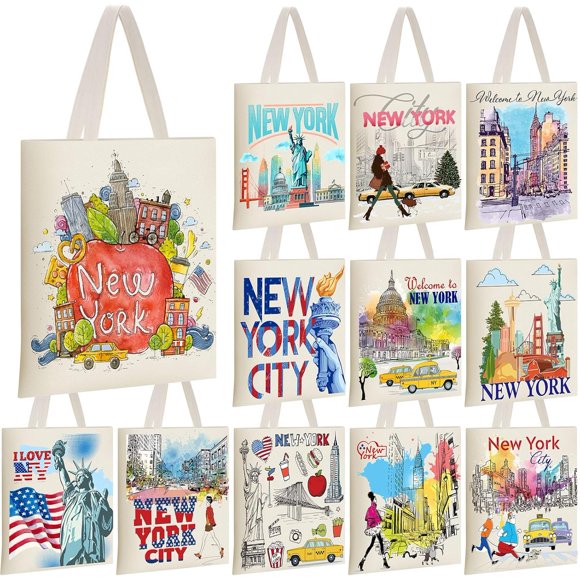 Bamboohart 12 Pcs New York Canvas Tote Bag Watercolor NYC Reusable Canvas Souvenir Organizer Bag with Zippered Interior Pocket for Women Men Travel Shopping Work Grocery Abroad Trip Gift