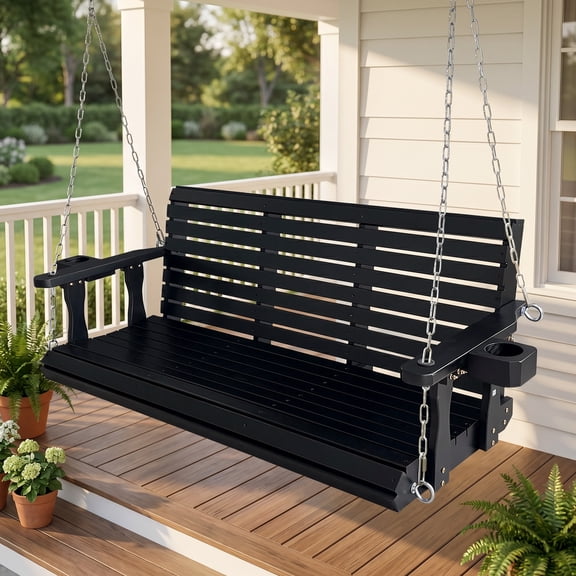 Fortune Candy 3 Person Outdoor Wood Hanging Swing, Heavy Duty 880 lbs Wood Porch Swing, Black-5ft