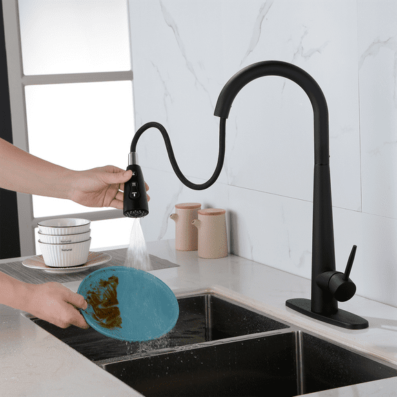 Single Handle Pull-Down Kitchen Faucet with Sprayer, Brushed Nickel, Fingerprint Resistant, Lead-Free, 1 or 3-Hole Deck Mount, Easy DIY Installation