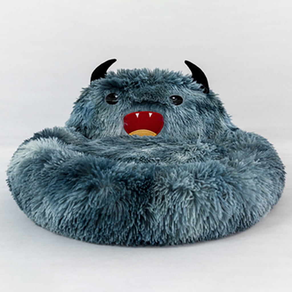 PureCasa Semi-Enclosed Cute Dog Cat Bed for Fall Winter, Comfortable Long Plush Fluffy Pet Pad House Thermal Kennel, Creative Sleeping Cushion Pads for Small Cats Dogs, Round, 1 Pack, L, Blue