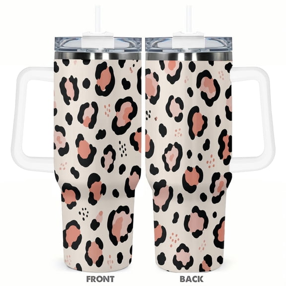 40oz Pink Leopard Print Insulated Tumbler with Handle and Straw Lid Car Cup Holder Friendly Travel Coffee Cup Gift