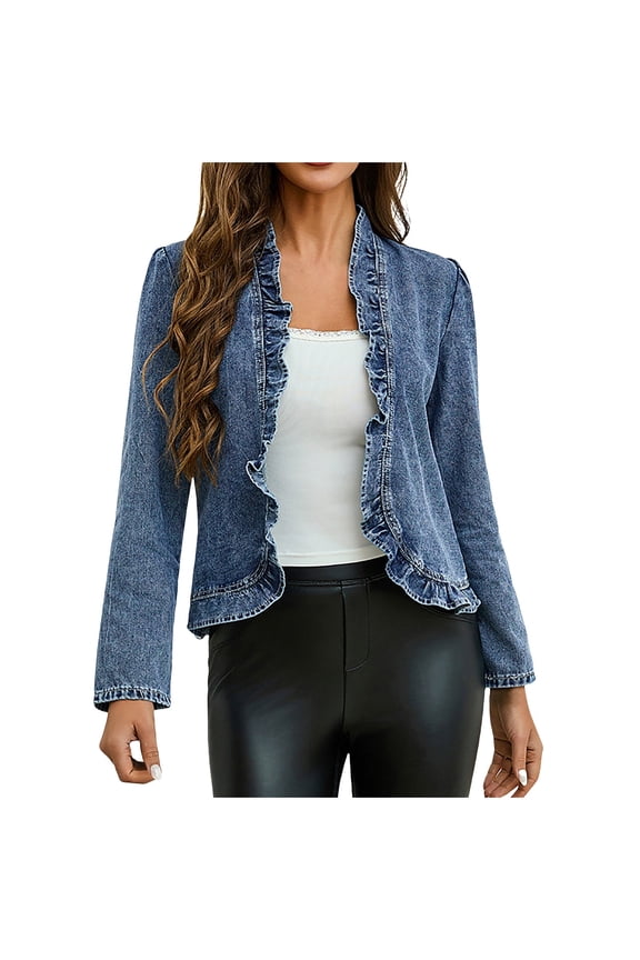 Ruffled Denim Jacket for Women Distressed Jean Jacket Long Sleeve Trucker Jacket Vintage Western Jackets Open Front Coat Blue L
