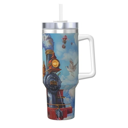 

Gaeub Cartoon Train Hot Air Balloon Print Stainless Steel Hot/Cold Coffee Cup 40oz Ice Bully Cup With Handle And Straw Travel Coffee Cup
