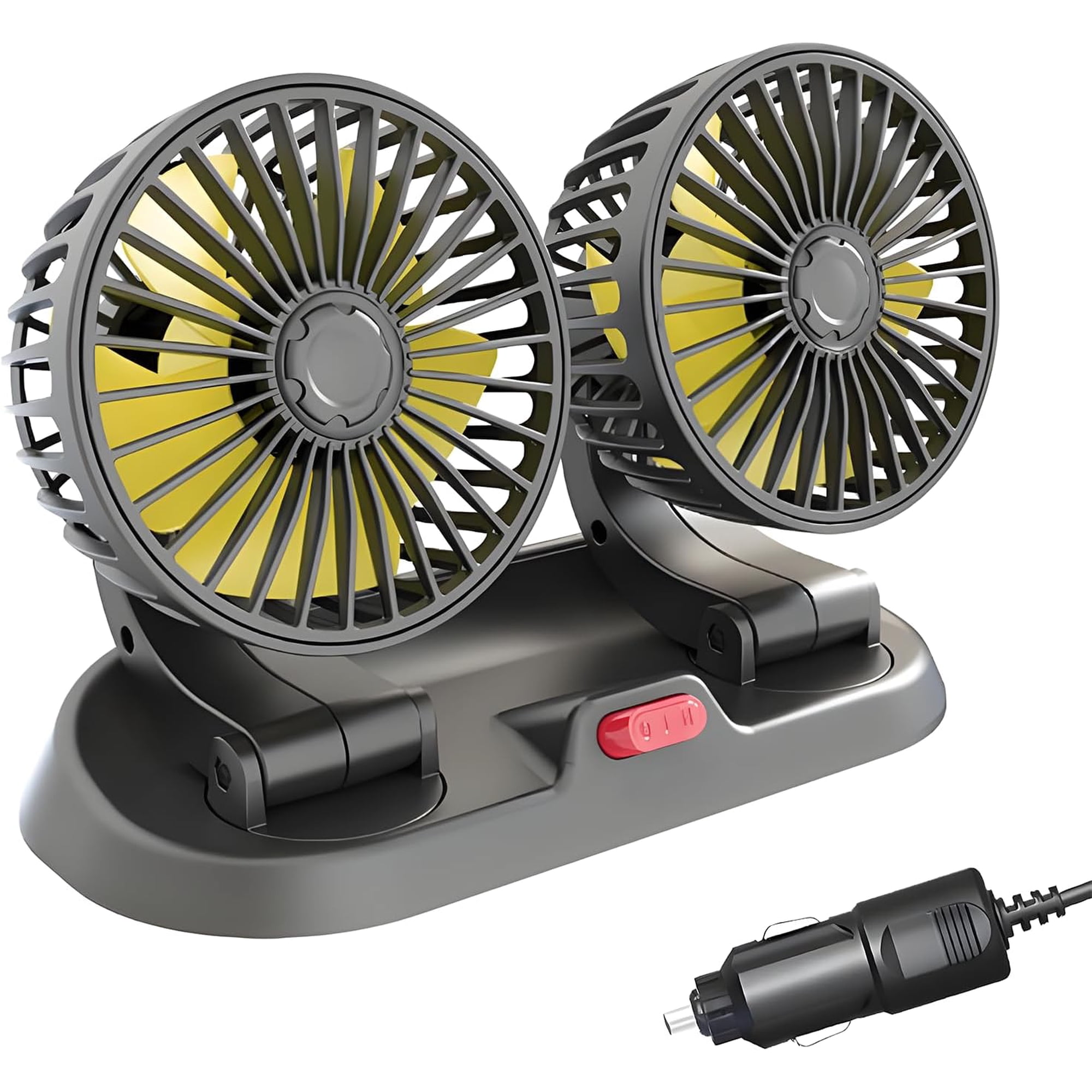 12V Dual Head Car Cooling Fan with cigarette lighter plug, 360° rotatable fan heads for strong airflow, compatible with sedans, trucks, SUVs, RVs, built-in temporary parking card slot
