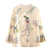 YM YOUMU Women Chinese Peacock Floral Embroidery Ethnic Crop Blouse Shirt 3/4 Sleeves Frog Button Qipao Tops