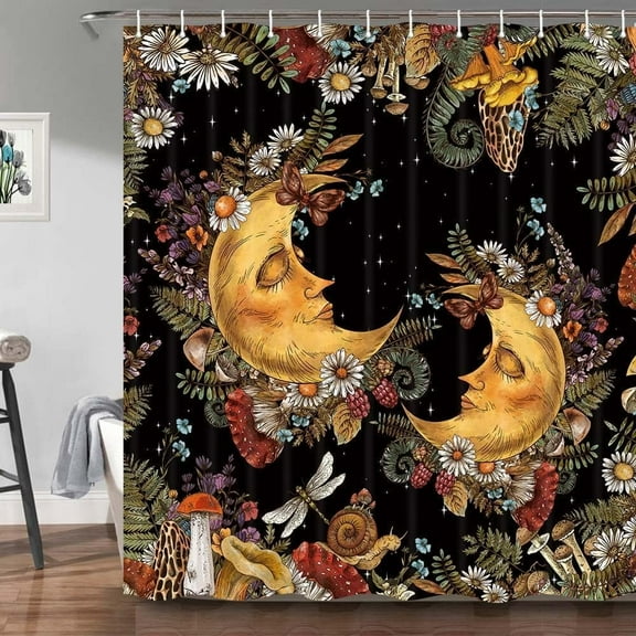 Mushroom Moon Shower Curtain, Boho Floral Daisy Plants Black Starry Night Backdrop Shower Curtains Set for Men Bathroom Decoration with Hooks 72 X 84 inch Vintage Aesthetic Bath Decor