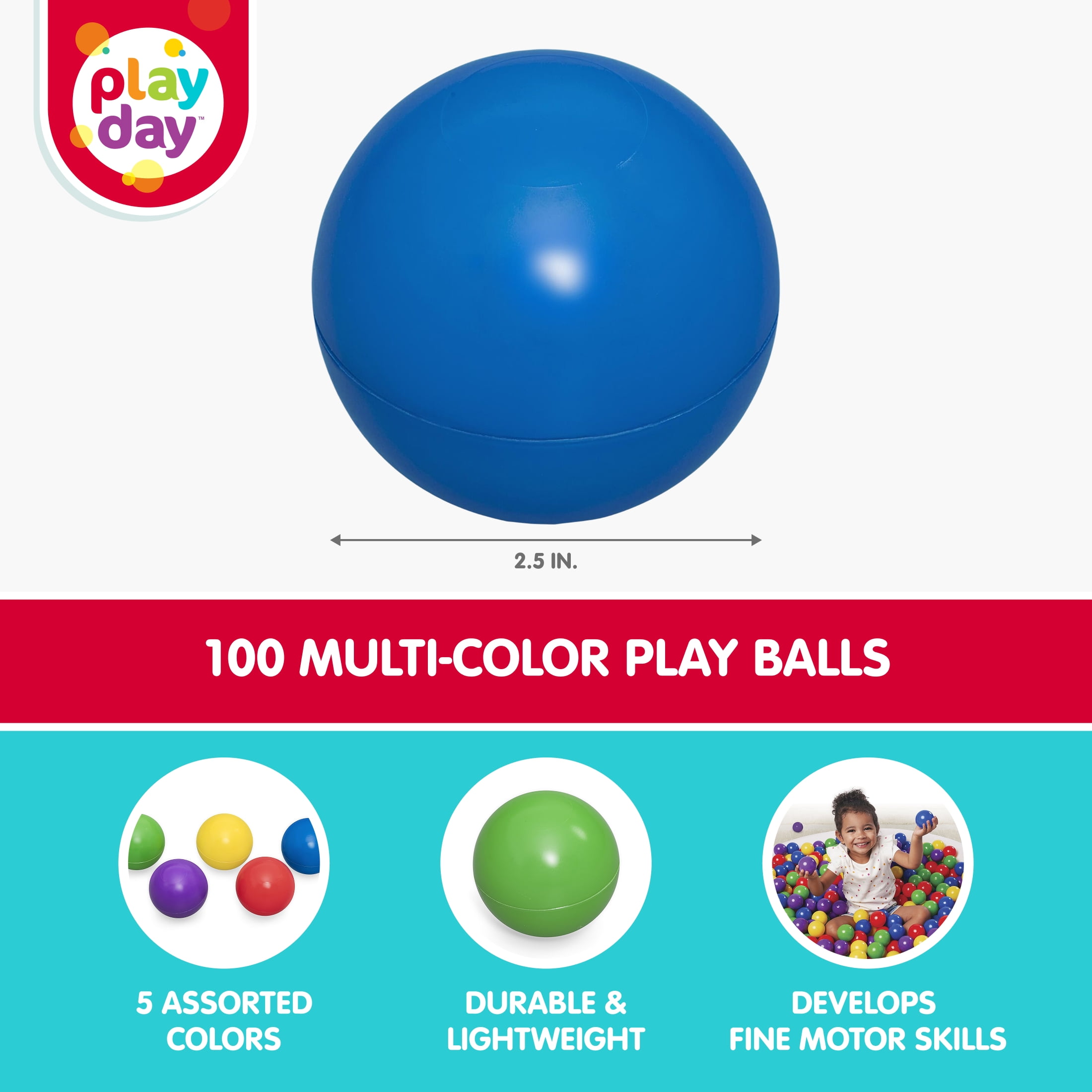Play Day 100 Multi-Colored Plastic Play Balls 2.5", 1 Years and Up