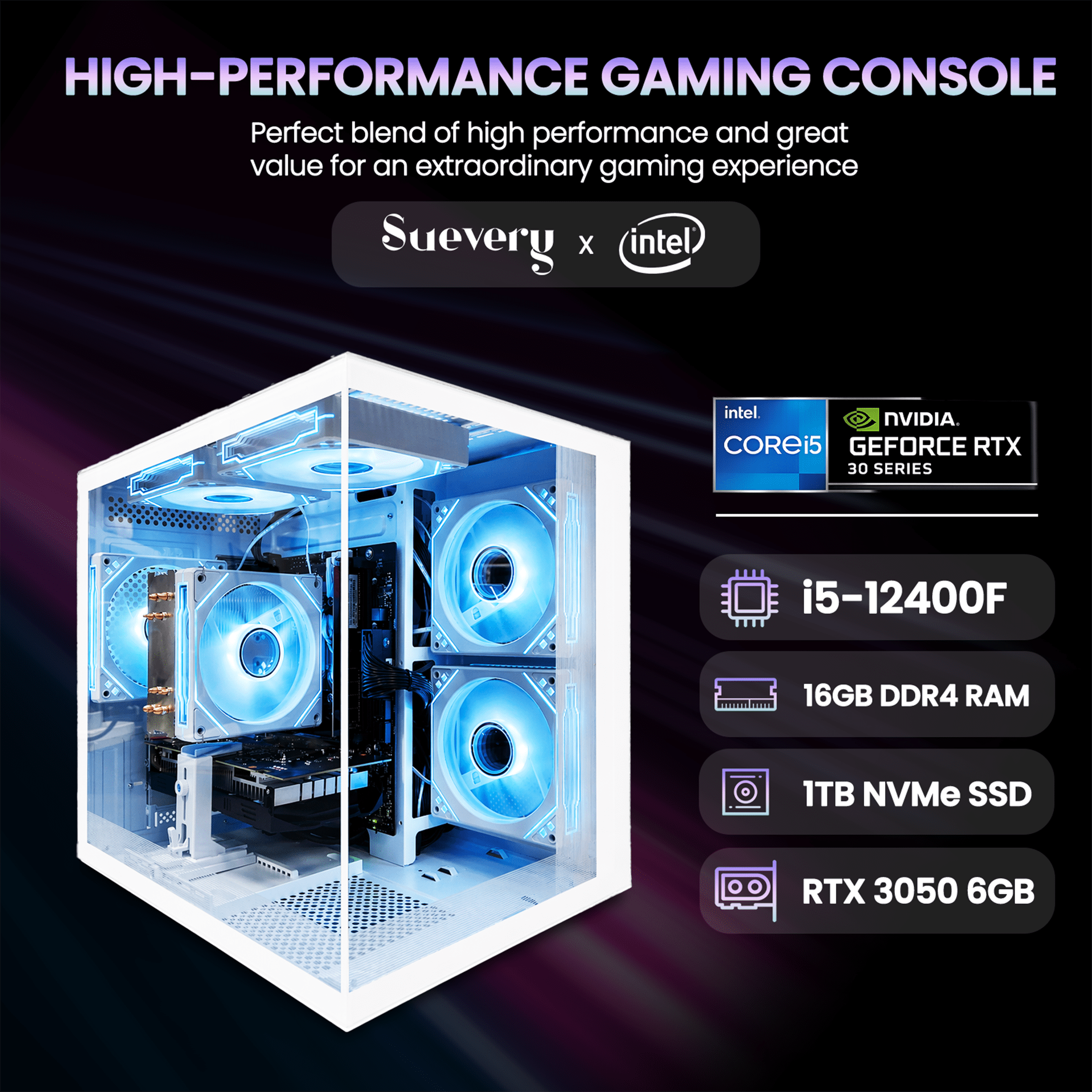 Suevery Gaming PC Desktop, Intel i5-12400F, RTX 3050 6GB, 1TB 3.0 SSD, DDR4 16GB, RGB Lighting, 650W, White