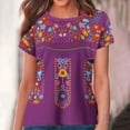 thumbnail image 2 of Blouses pour Femmes, Style Ethnique Rétro Imprimé Manches Courtes Col Rond, 2 of 5