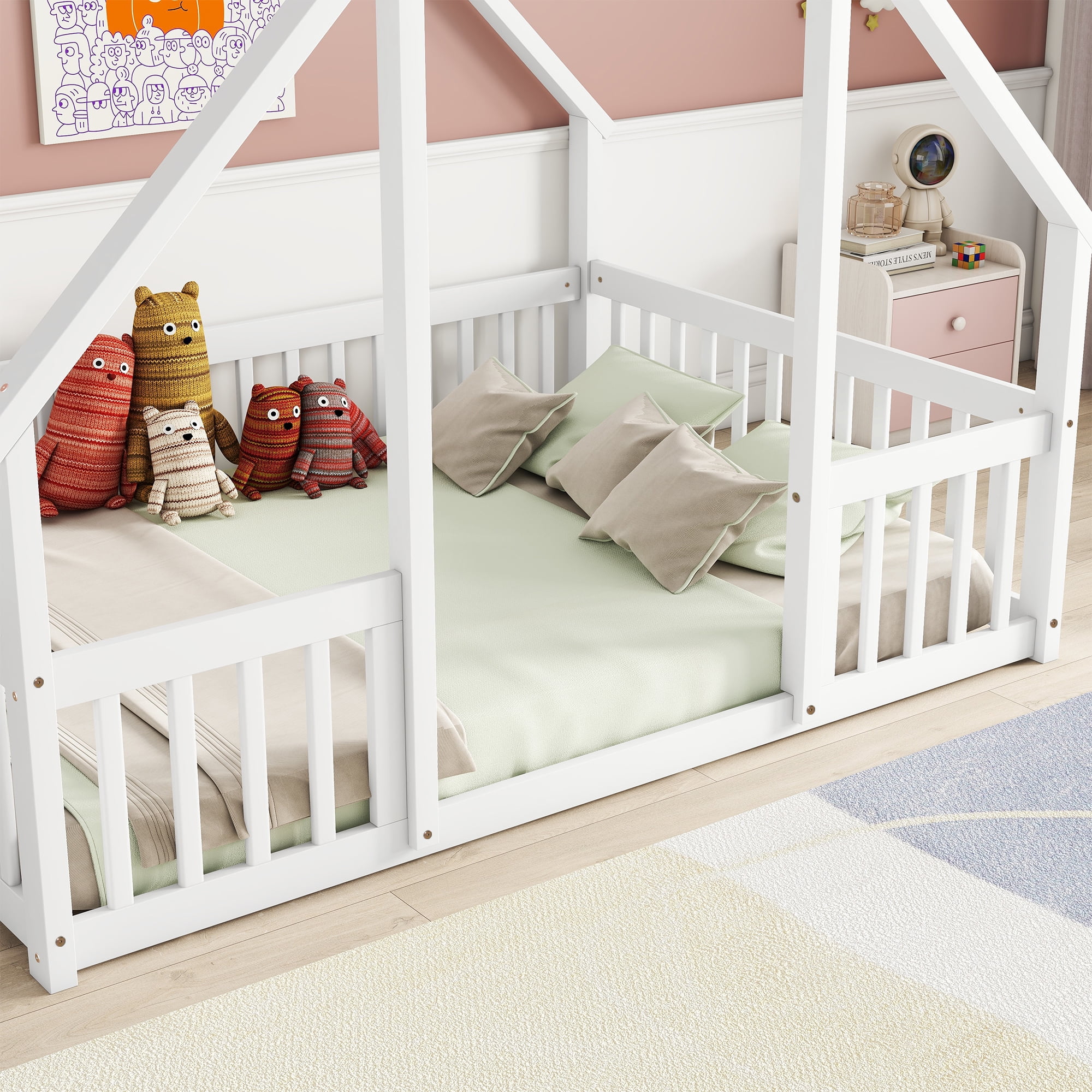Bellemave Full Size Floor Bed Frame, Wooden House Bed Full Size with Fence, Montessori Bed with Guardrails for Bedroom(White)