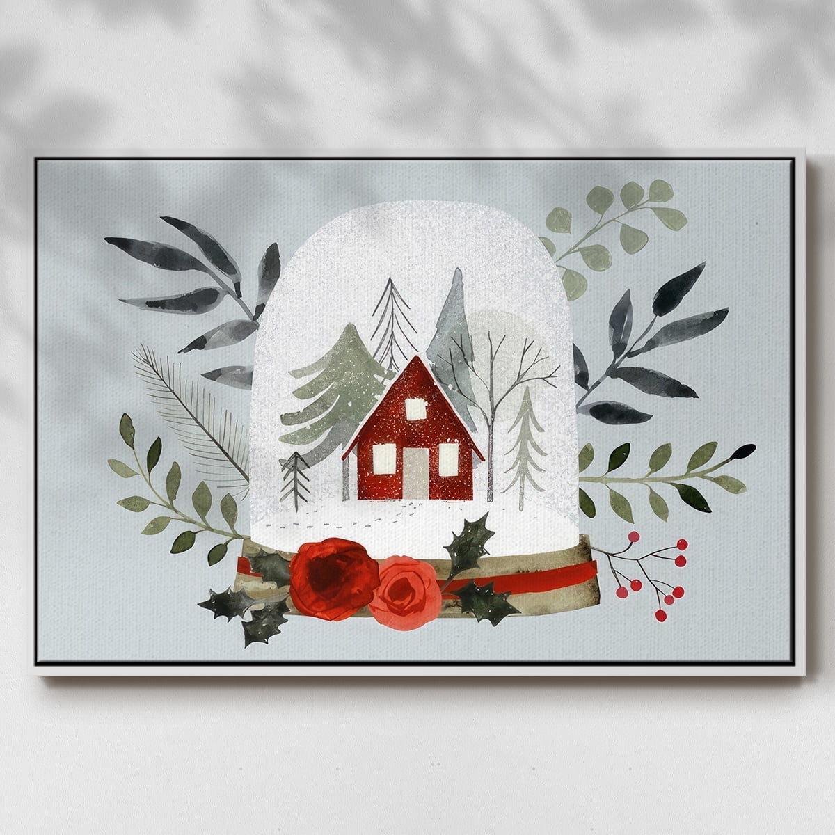 Snow Globe Village Collection A - Framed Gallery Wrapped Holiday Canvas - 27 x 41 - White Frame
