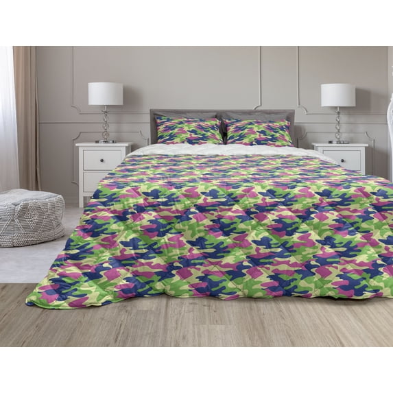 Abstract Comforter & Sham Bedding Set, Camouflage Style Pattern with Vibrant Tones Modern Design Wavy Shapes Arrangement, 3 pcs Duvet Set Microfiber Filling Quilt, 5 Sizes, Multicolor, by Ambesonne