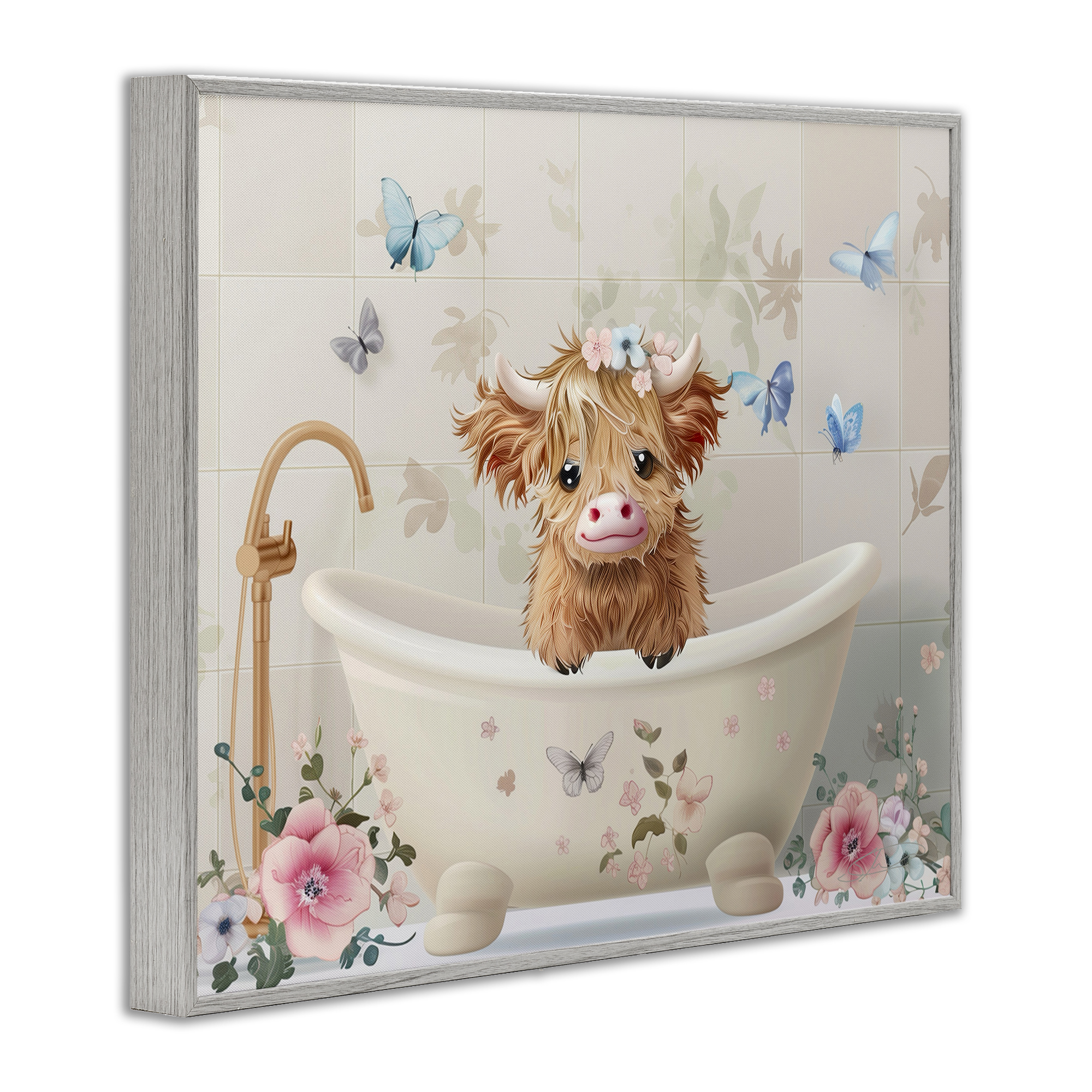 Baby Cattle in Floral Tub Gray Framed Giclee Art, design by Shawna Stewart