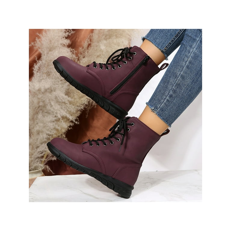 UKAP Women Comfortable Work Boot Outdoor Slip Resistant Side Zipper Ankle Boots Leather Booties Lace Up Combat Boot Wine Red 5.5 Walmart
