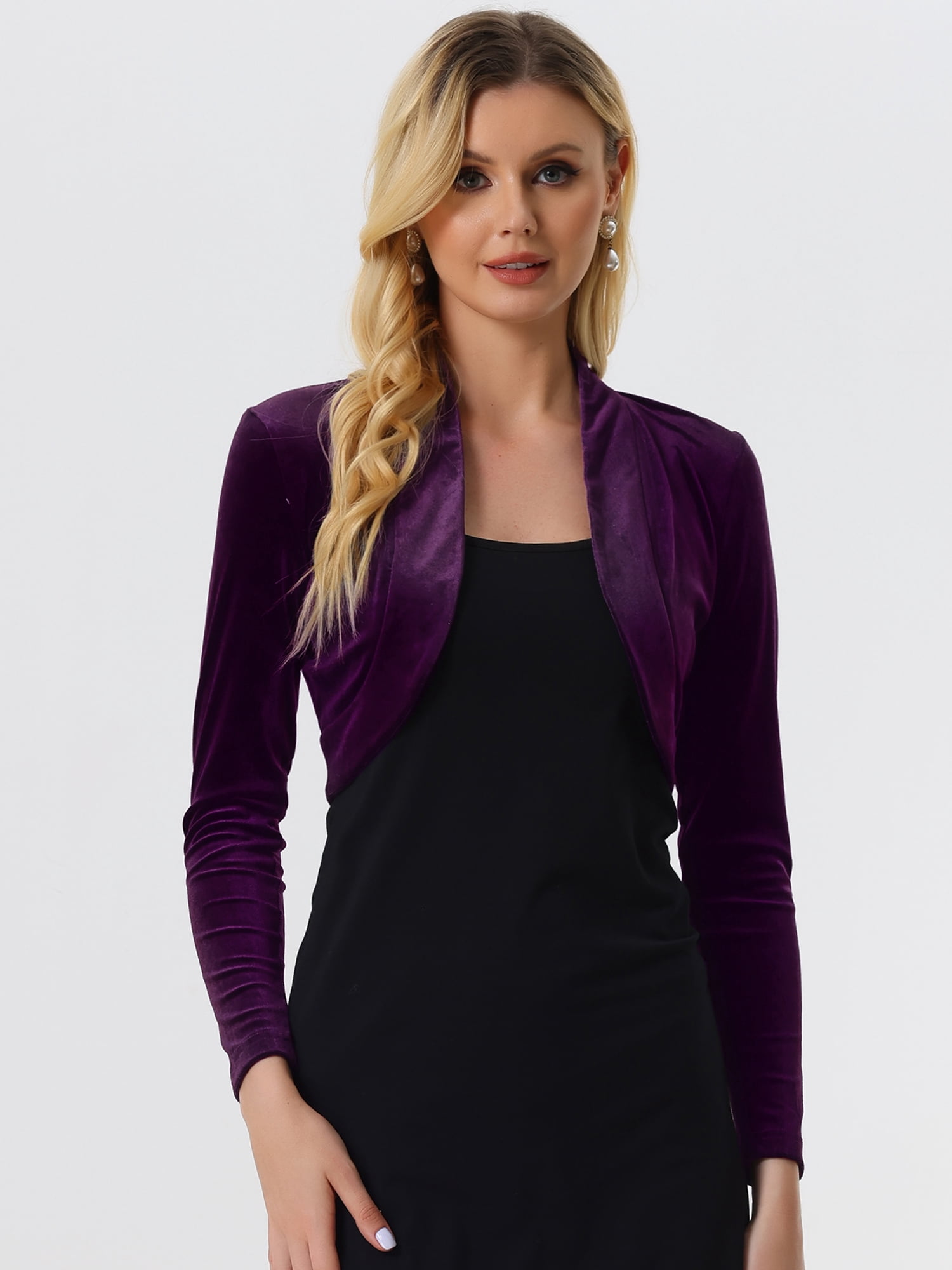 DARING DIVA Women's Velvet Open Front Cropped Bolero Cardigan L Purple