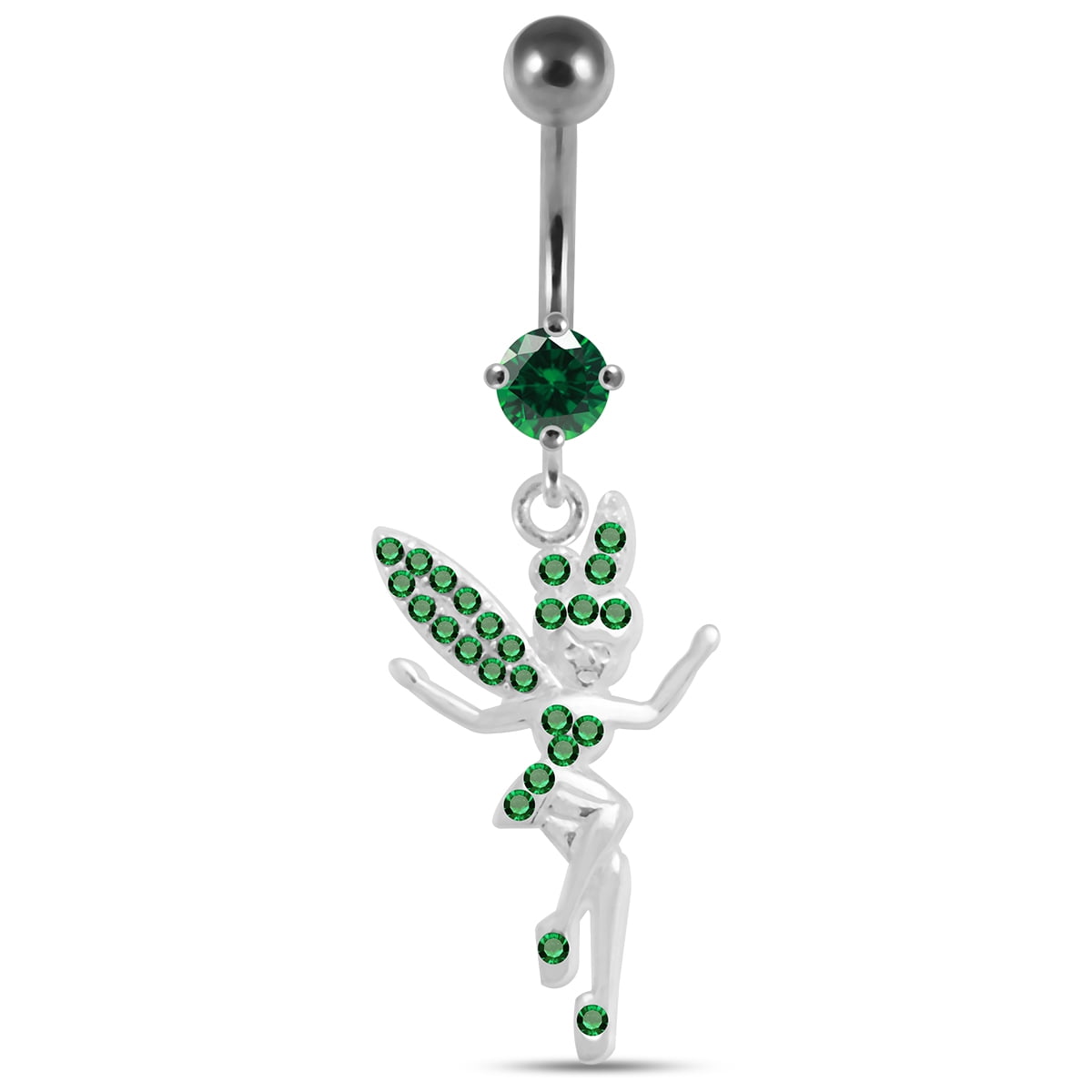 Silver Belly Rings Round CZ Crystal Gemstone with Multi Crystal Cute Cat Dangling 925 Sterling Body Jewelry