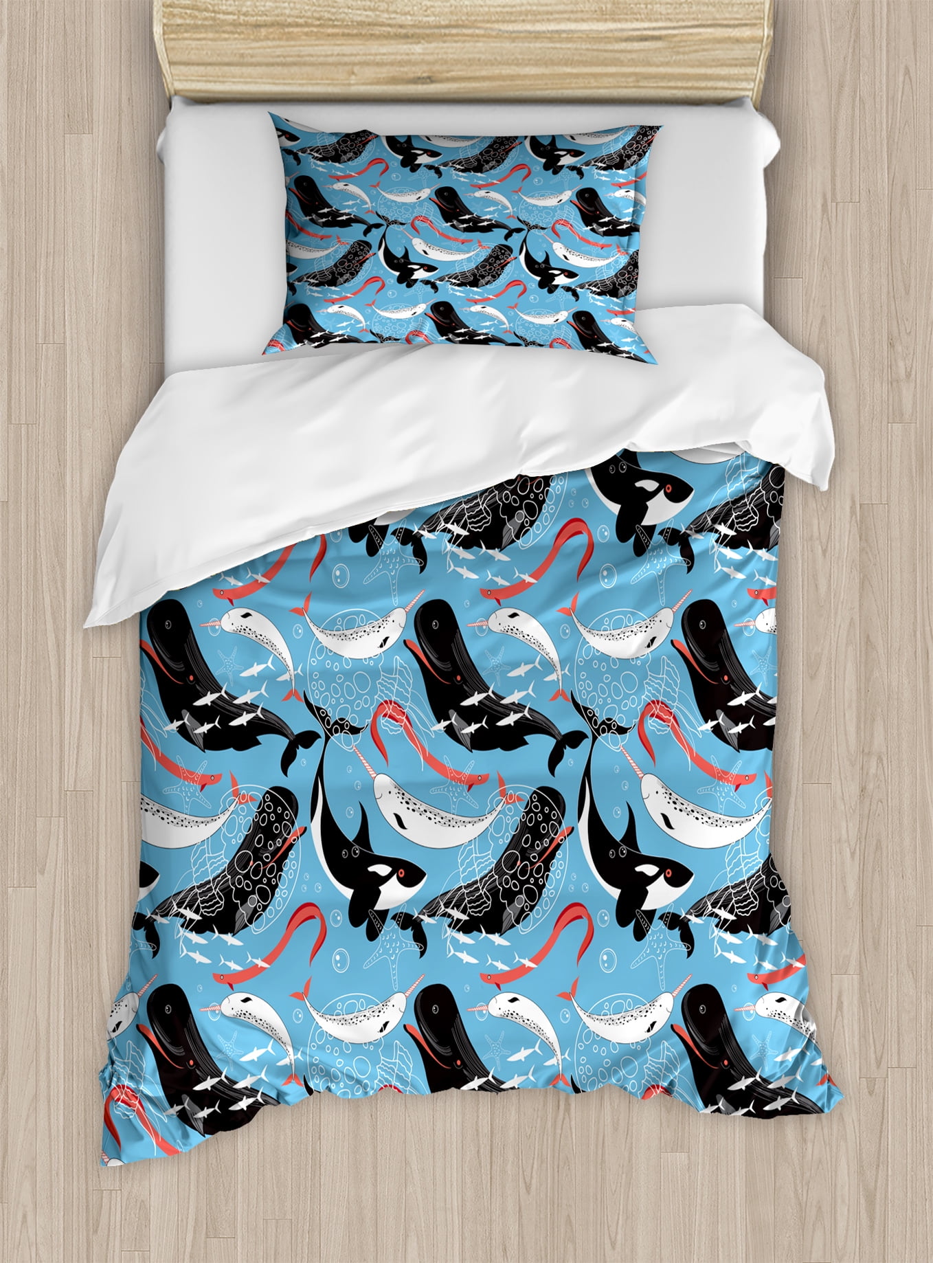 Narwhal Twin Size Duvet Cover Set Arctic Giant Sea Mammals Orca Narwhal Twin Size Duvet Cover Set Arctic Giant Sea Mammals Orca White Whale Sketch Ocean Fauna Decorative 2 Piece Bedding With 1 Pillow Sham