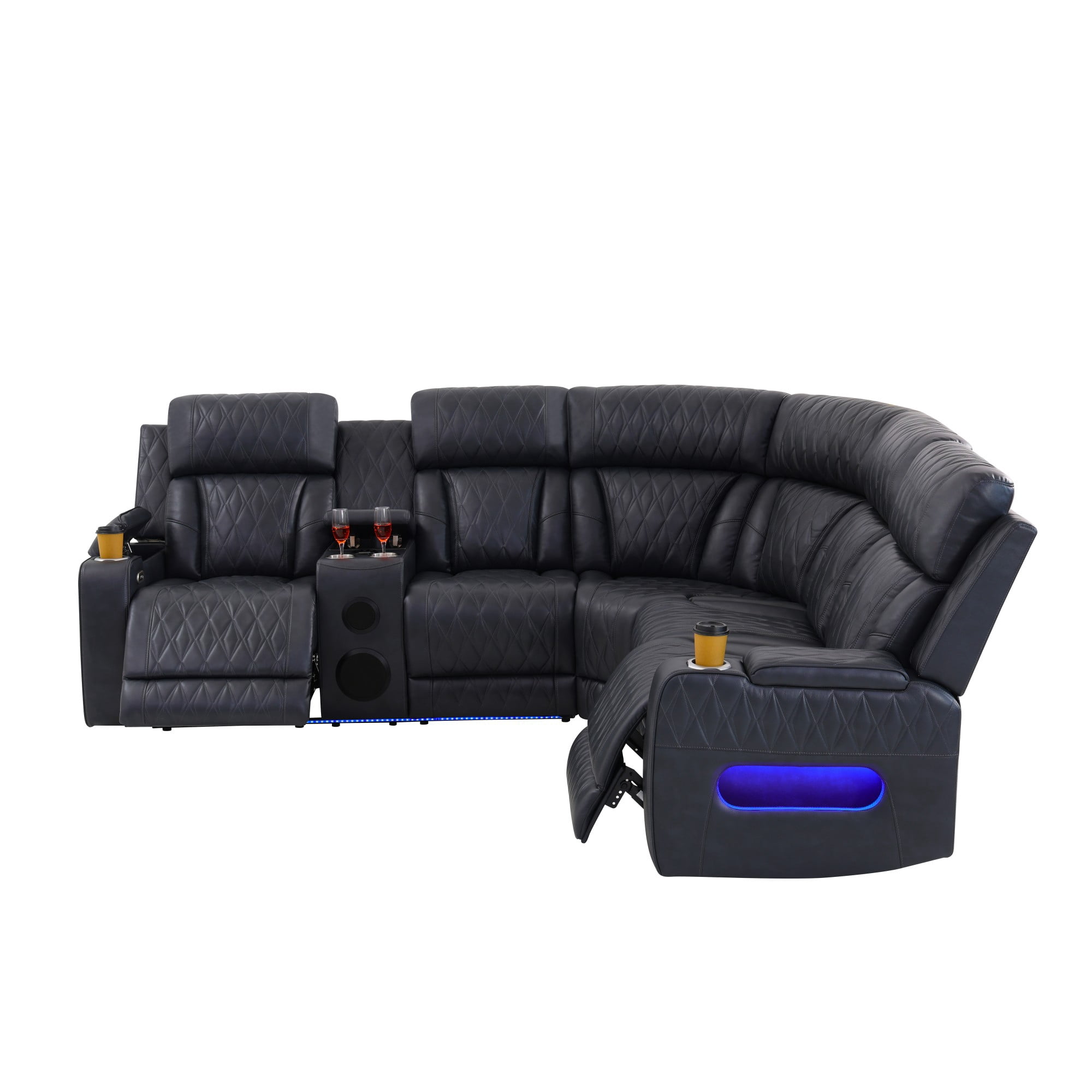 Gewnee Power Reclining Sectional Sofa, Air Leather, Adjustable Recline, USB & Type‑C Charging, Bluetooth Speaker, Cup Holders & Storage, Comfort Couch for Living Room Home Theater, Blackish Gray