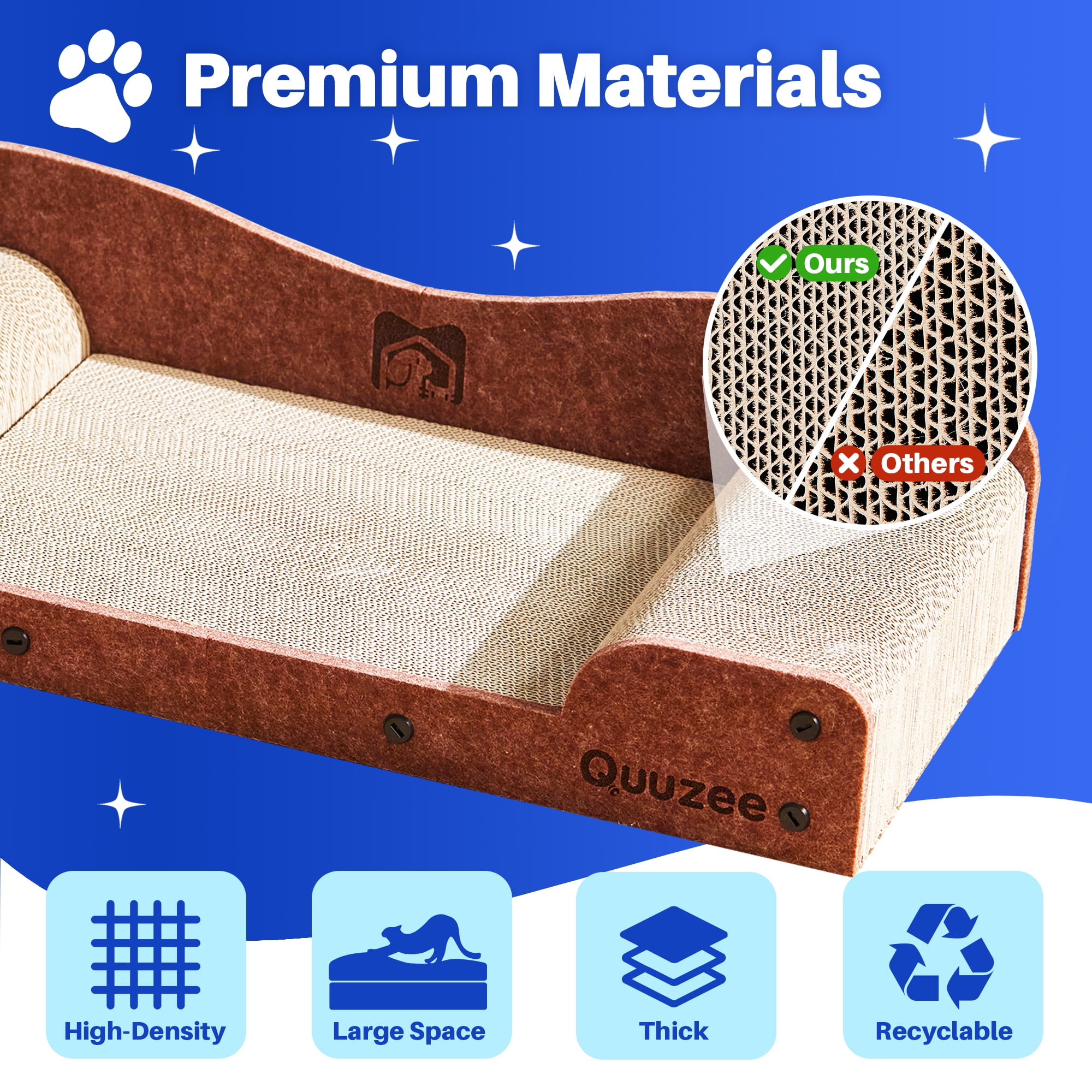 Quuzee 26-Inch Large Cat Scratcher Lounger Bed, Durable Cat Scratching Pad, Cat Scratch Board for Indoor Cats, Corrugated Cardboard Cat Scratcher Bed to Lounge and Scratch, Furniture Protector, Brown
