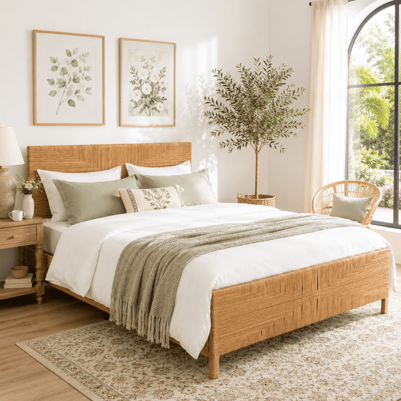 XIAO WEI Rattan Queen Bed - Boho Chic Headboard & Footboard