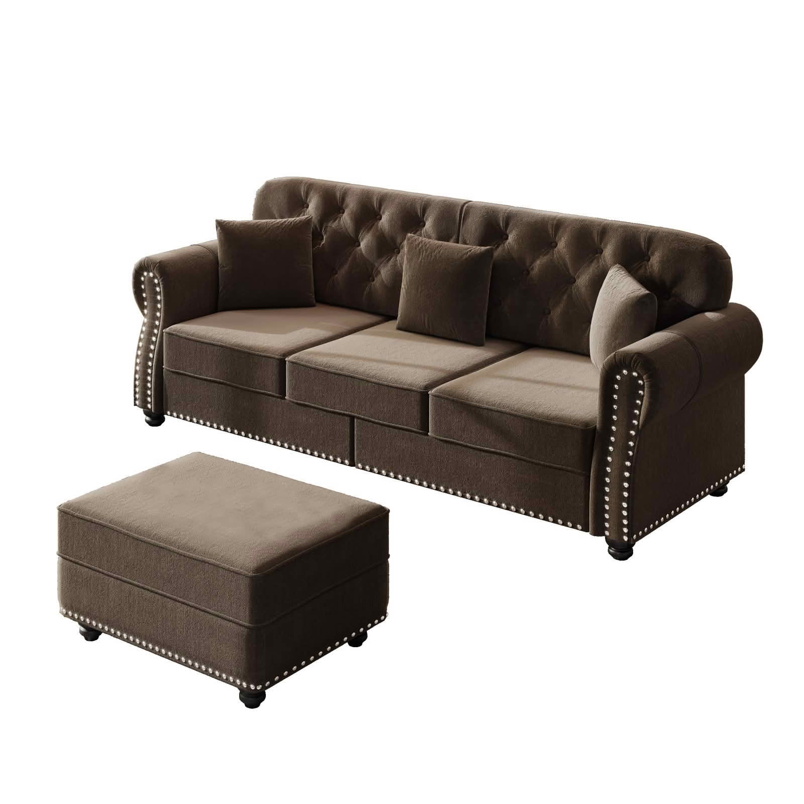 MAYEERTY 82.6 Inch Velvet Chesterfield 3‑Seater Sofa, Mid‑Century Modern Couch with Button Tufting, Nailhead Trim and Rolled Armrests, Comes with 3 Pillows for Home Living Room