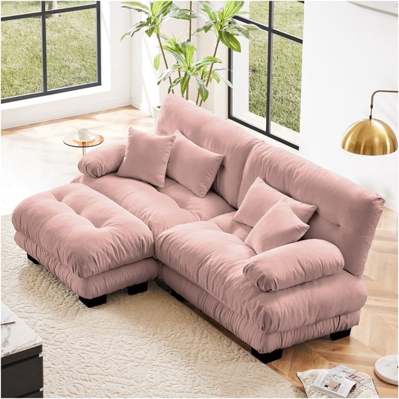 JERFIT Pink Chenille Convertible Cloud Couch Sofa with Ottoman, 2-Seater Sectional for Living Room with Pillows