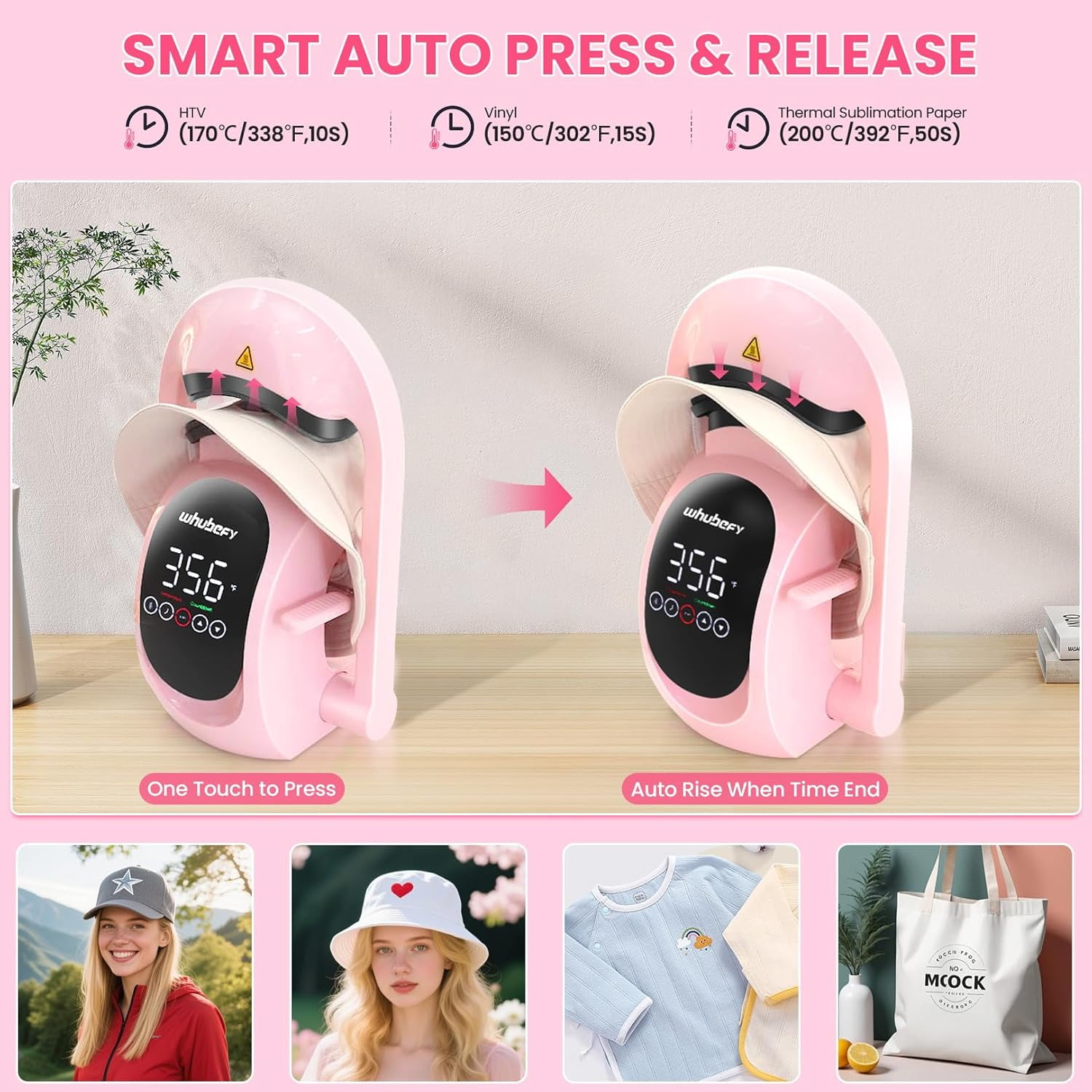 Adnoom 3-in-1 Cap Heat Press Machine, Hat Heat Press with 3pcs Replaceable Heating Pads, Automatic Release & Press, DIY Sublimation press for Caps T-Shirts Bags, Pink
