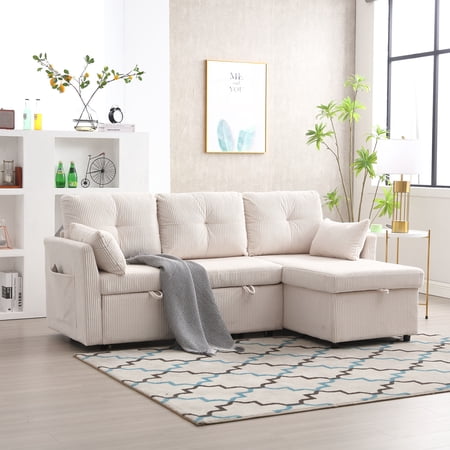 81'' Corduroy L-Shaped Convertible Sectional Pull Out Sofa Bed with Reversible Storage Chaise,Beige