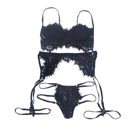 

Seyurigaoka Women Lace Bra+Panties+Suspender Floral Lace Lingerie Sets
