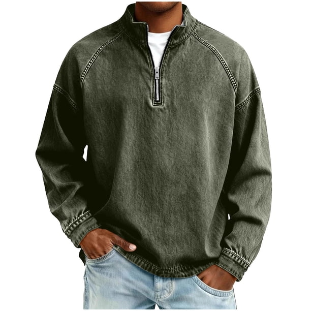 Hombres Zip Up Sudadera con Capucha de Pie Cuello Lavado Denim Afligido Medio Cremallera Manga Larga Casual Superior Poliéster Mezcla Chaqueta