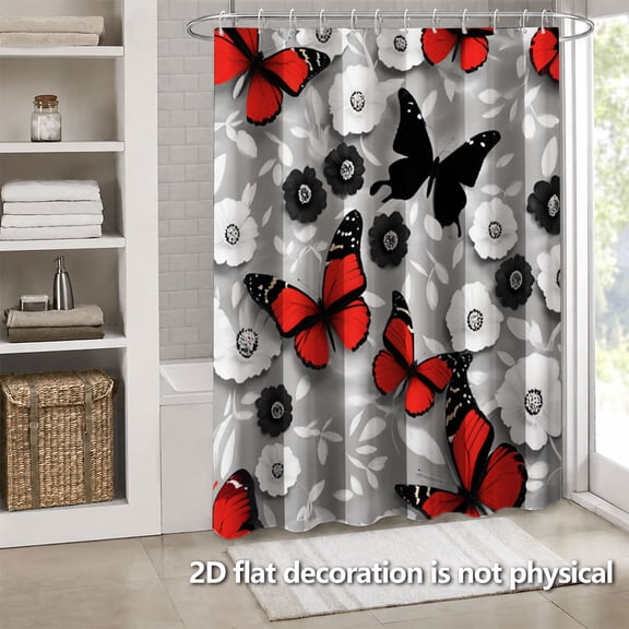 Hoease Red Black Butterfly White Floral Shower Curtain, 71W x 71L Inch Waterproof Fabric Bathroom Curtain with 12 Hooks, Modern Contrast Color Bath Decor