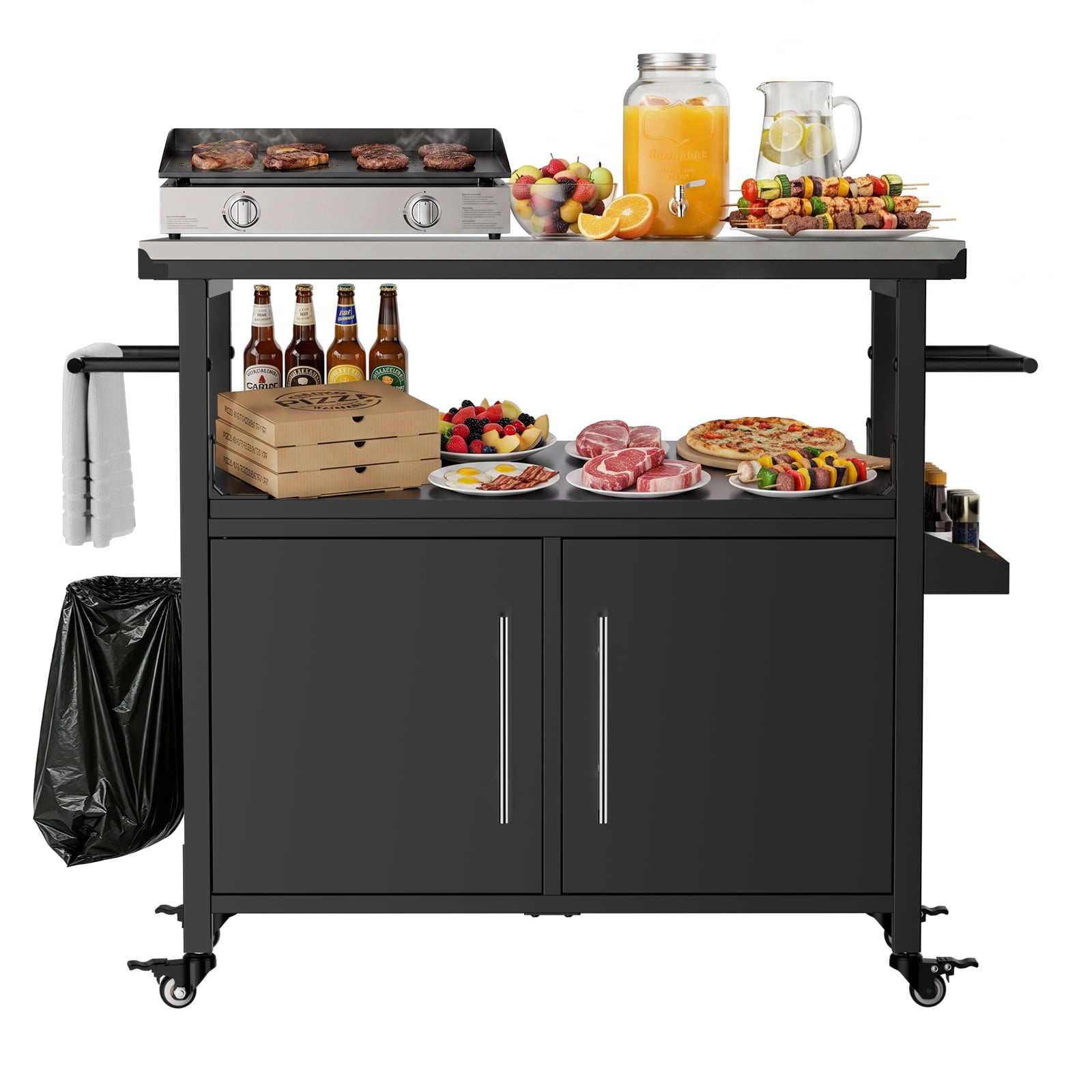 Outdoor Grill Cart with Patio Furniture, Outdoor Grill Table with Storage, Rolling Bar Cart Outdoor BBQ Cart with Towel Rack and Spice Rack for Grilling Accessories