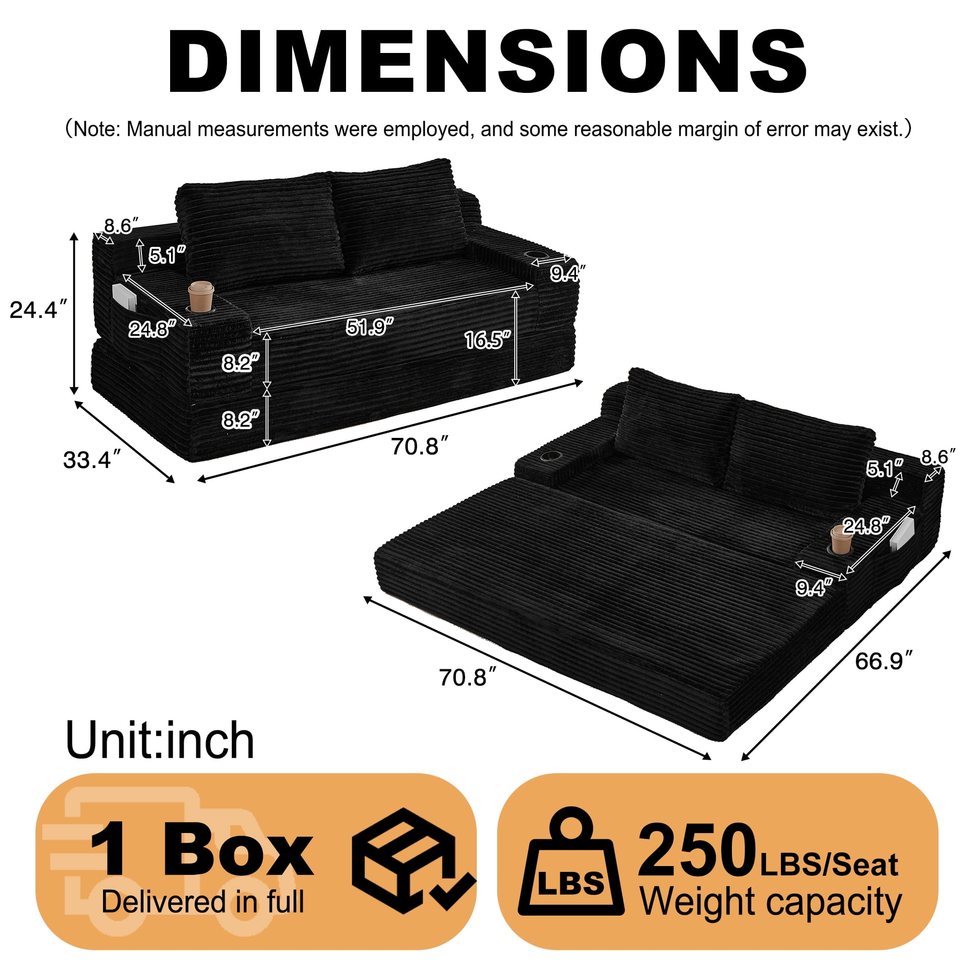 Leumius Futon Sofa Bed,Convertible Corduroy Boneless Couch with Cup Holders & Pocket,2-in-1 Foldable Sleeper Sofa for Living Room, Small Spaces, Bedroom, No Assembly,Black