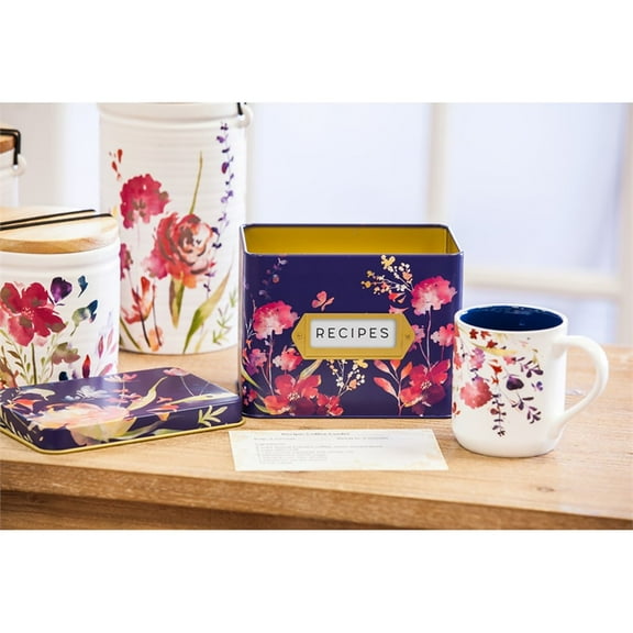 Evergreen Recipe Tin with Recipe Cards and Ceramic Cups, Watercolor Boho, 4.72'' x 3.26'' x 0.8'' inches