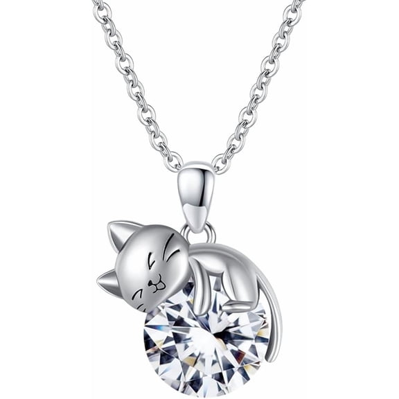 AOBOCO Cat Necklace with Birthstone 925 Sterling Silver Cat Pendant Necklace Gift for Women