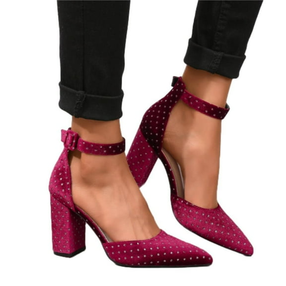 SACFOF Women's Pumps Shoes Summer Pointed Toe Chunky Heeled Ankle Strap Closed Toe Wedding Party Dress Sandals